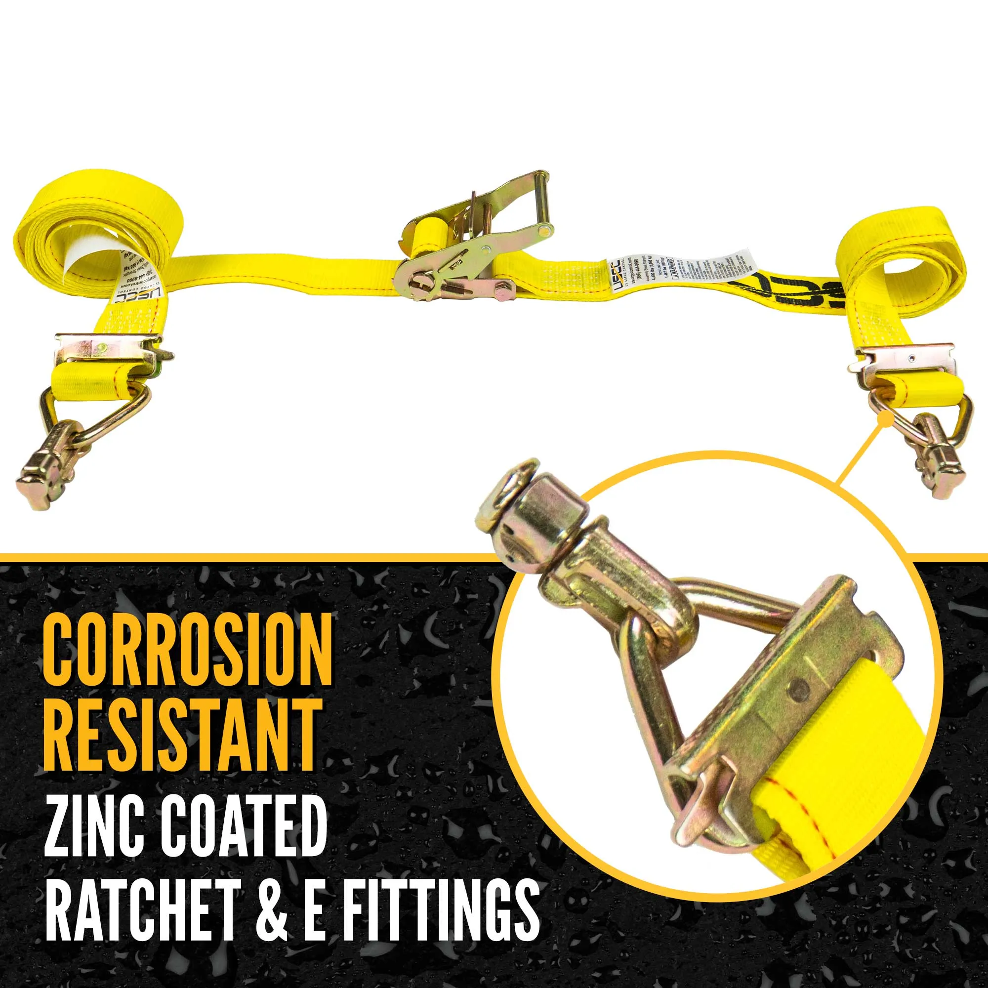 2" x 12' Yellow E-Track Ratchet Strap | Double Stud & Spring E-Fittings