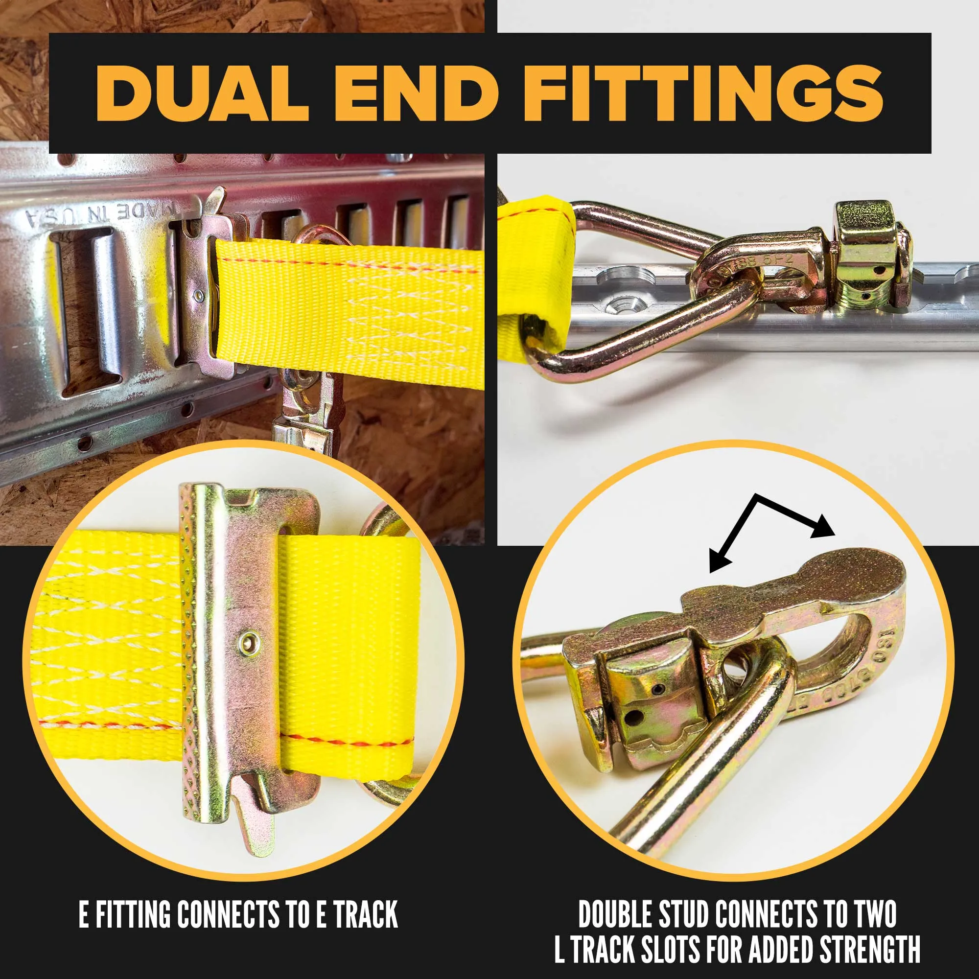 2" x 12' Yellow E-Track Ratchet Strap | Double Stud & Spring E-Fittings