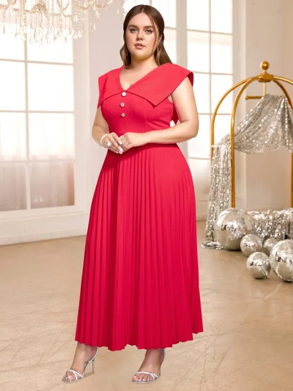 AOMEIDRESS Red V Neck Dress Sleeveless Empire Button A Line Pleated