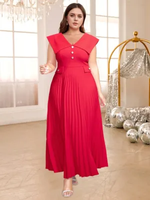 AOMEIDRESS Red V Neck Dress Sleeveless Empire Button A Line Pleated