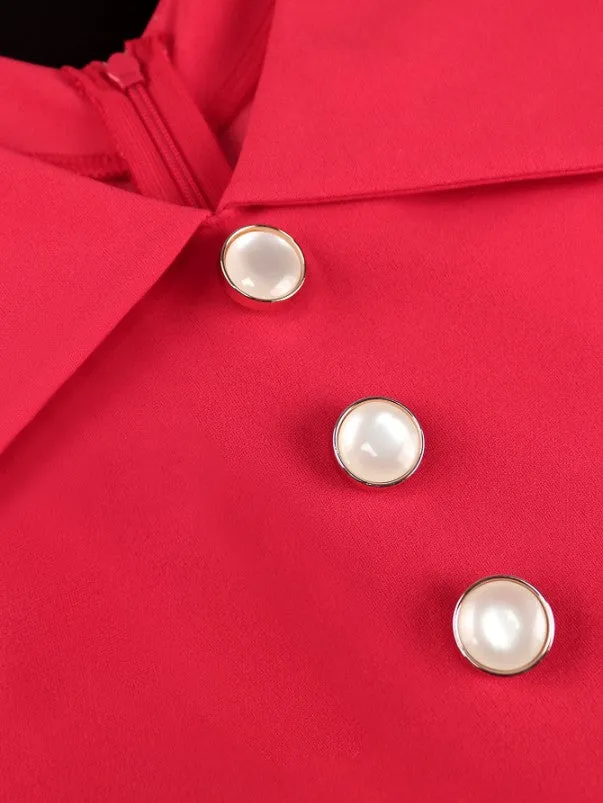 AOMEIDRESS Red V Neck Dress Sleeveless Empire Button A Line Pleated