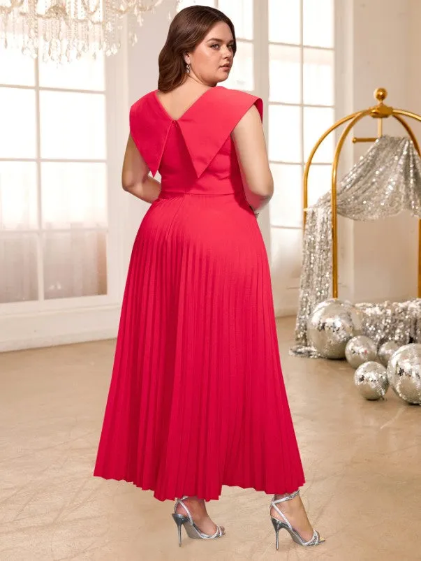 AOMEIDRESS Red V Neck Dress Sleeveless Empire Button A Line Pleated