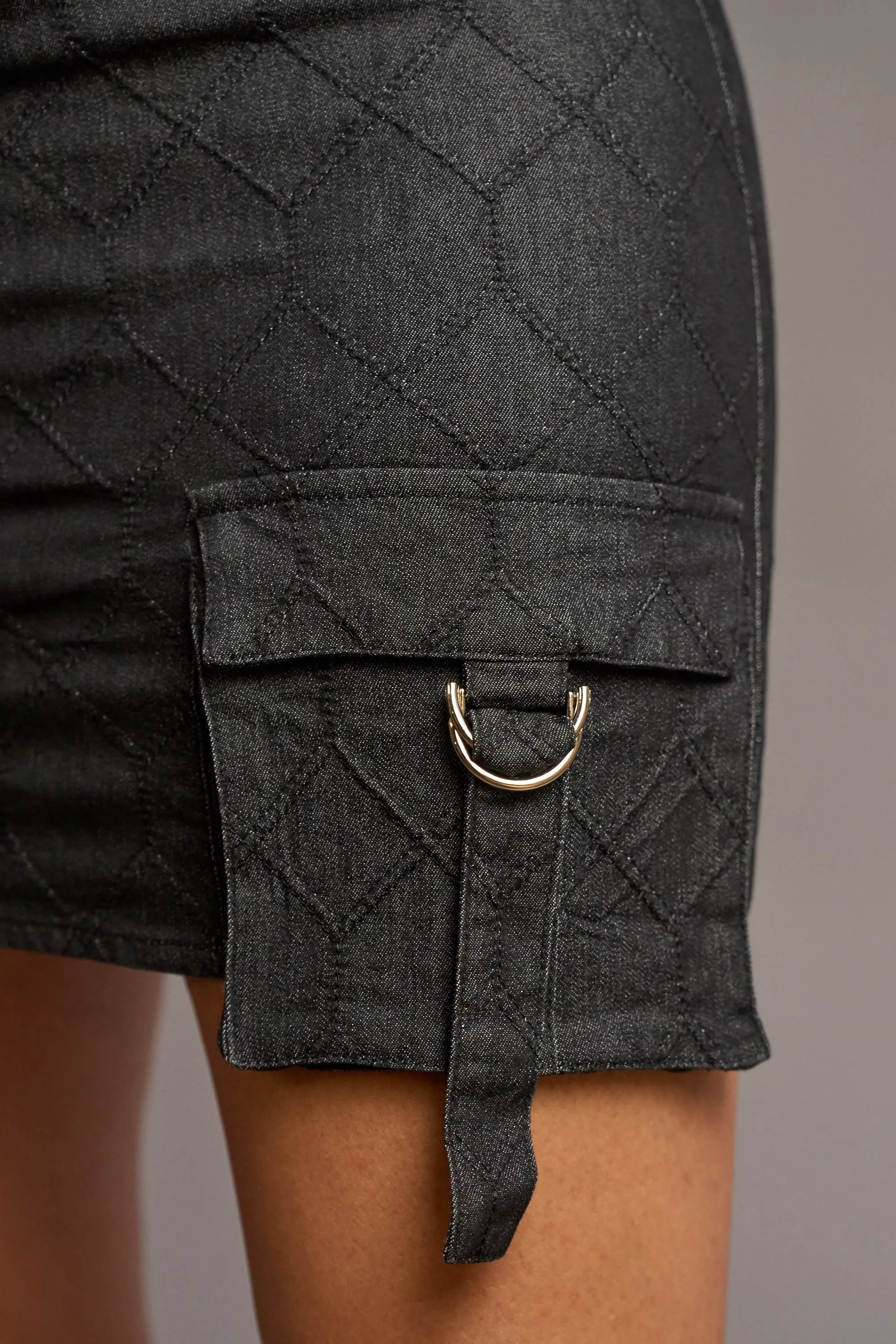 CHIC STRETCH WASHED DENIM CARGO POCKETS MINI DRESS