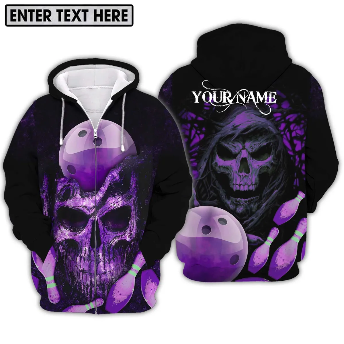 Custom Name Bowling Purple Skull 3D Sweatshirt Zip Hoodie Shirt