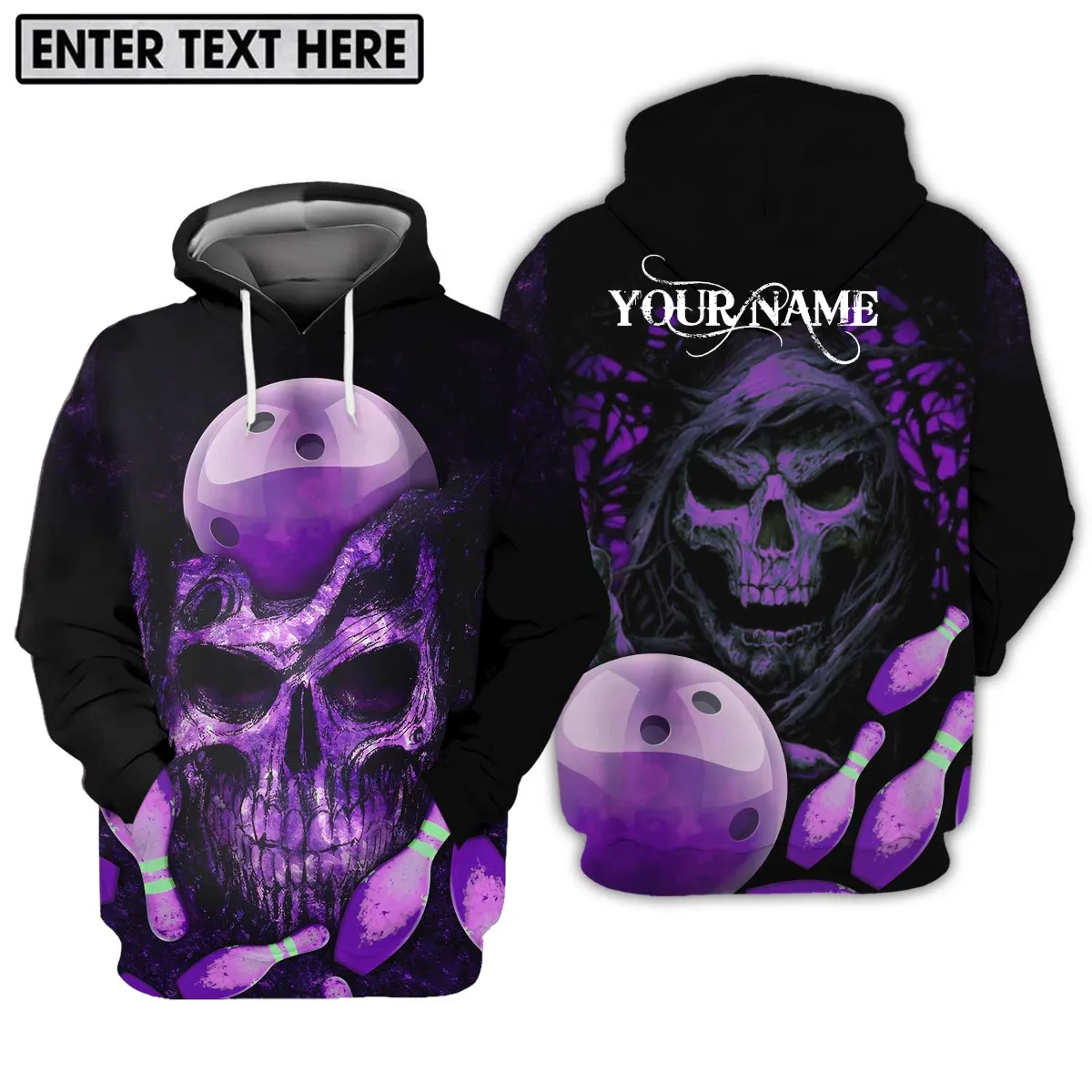 Custom Name Bowling Purple Skull 3D Sweatshirt Zip Hoodie Shirt