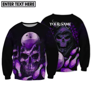 Custom Name Bowling Purple Skull 3D Sweatshirt Zip Hoodie Shirt