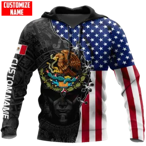 Customized Aztec Hoodie Mexico American Flag Pattern, Mexican American Hoodie