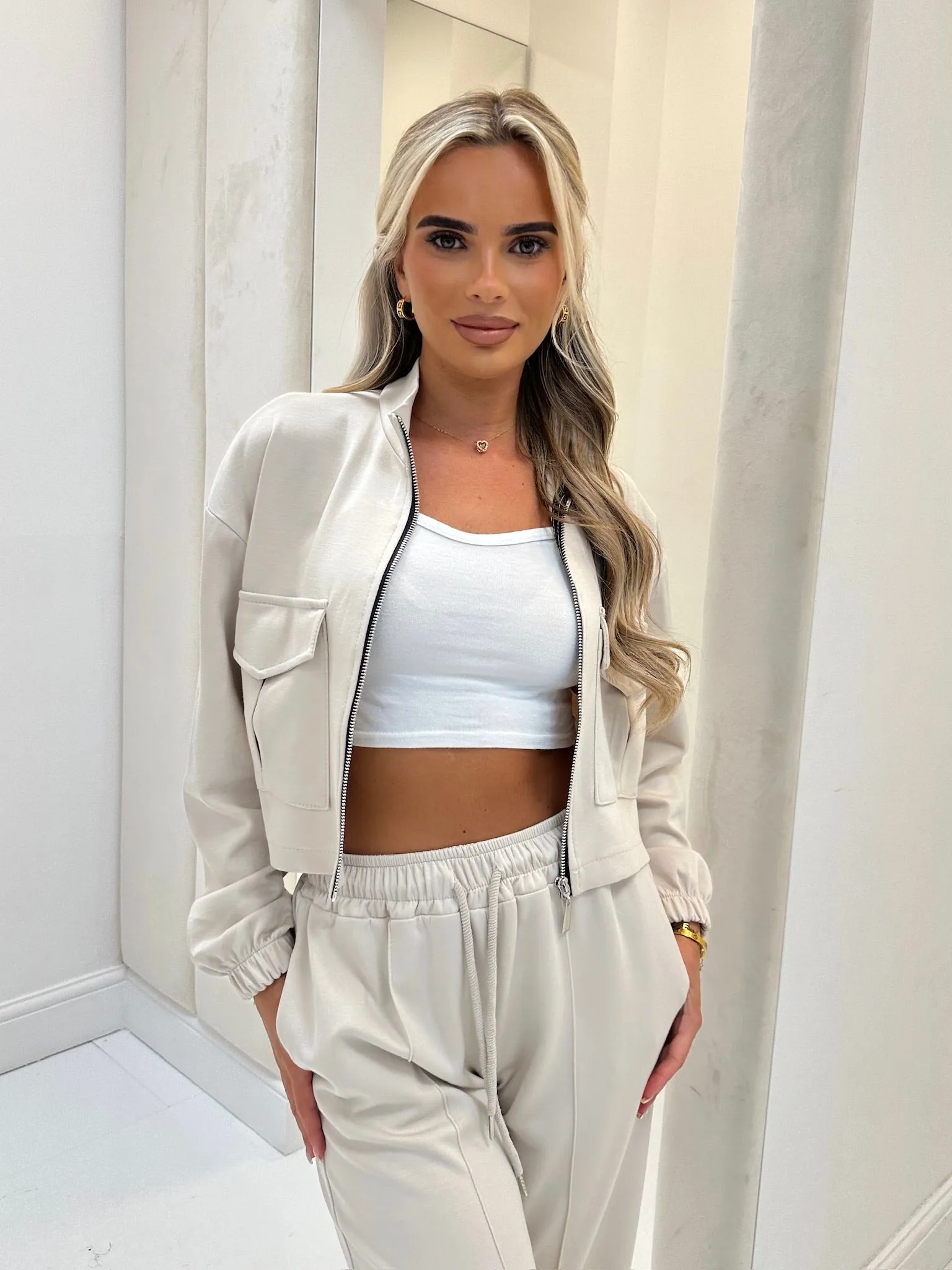 Evie beige zip up wide leg trouser set