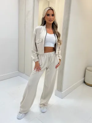 Evie beige zip up wide leg trouser set