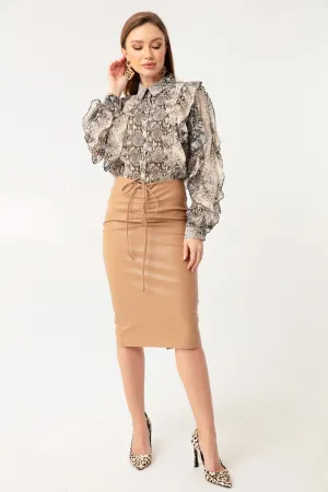 Female Shirring Detailed Slip Leather Skirt