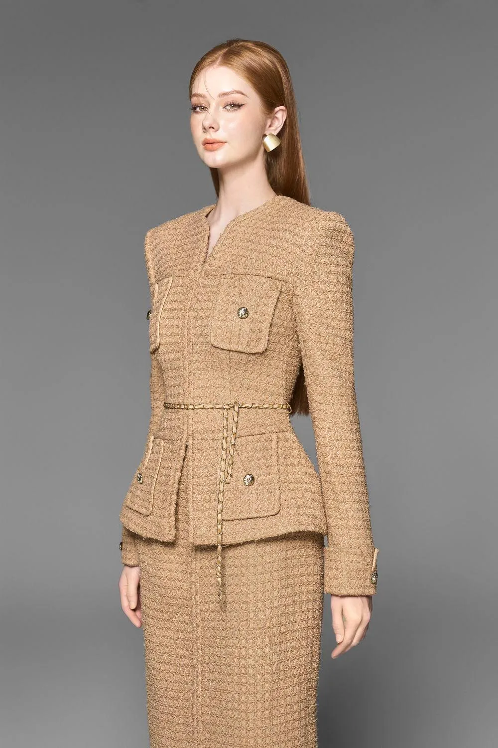 Gigi Peplum V-Neck Tweed Jacket