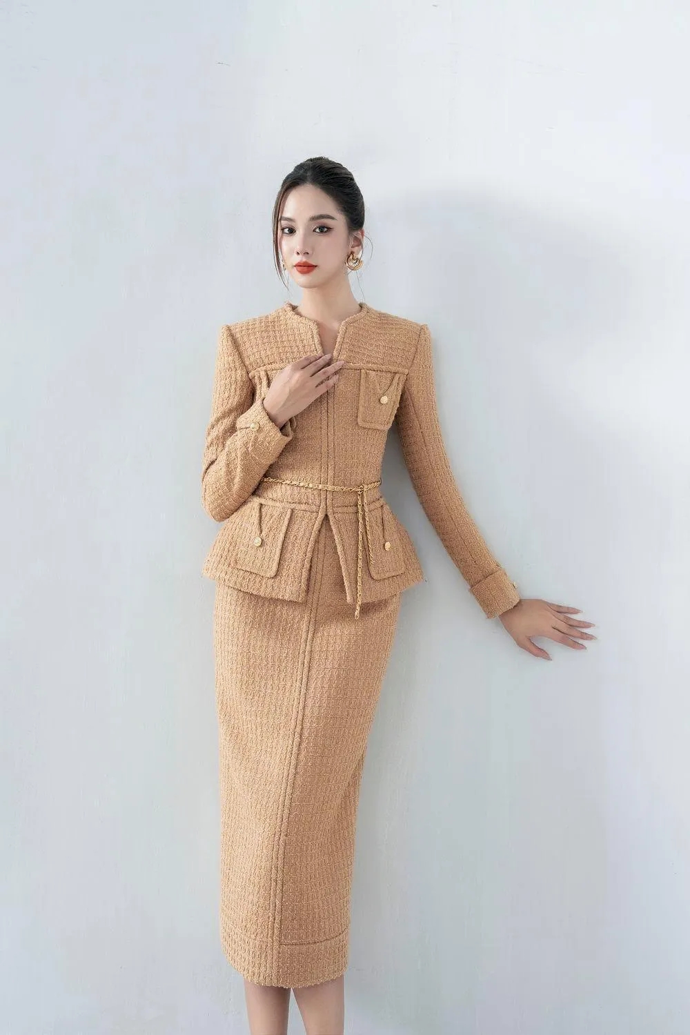 Gigi Peplum V-Neck Tweed Jacket