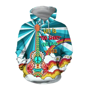 Guitar Hippie Hoodie Life Is Too Short For Bad Vibes Hippie Peace Love Music All Over Printed Hoodie