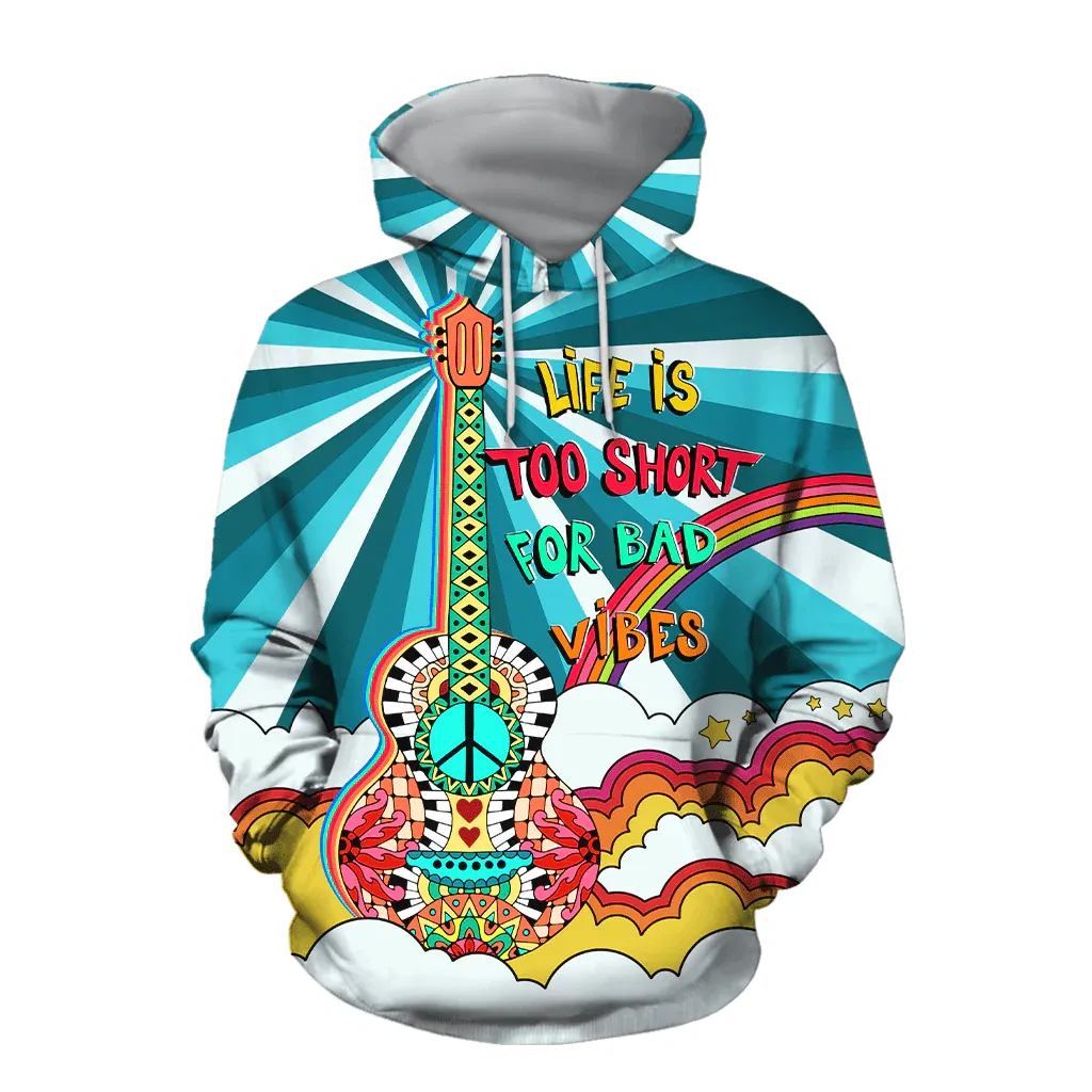 Guitar Hippie Hoodie Life Is Too Short For Bad Vibes Hippie Peace Love Music All Over Printed Hoodie
