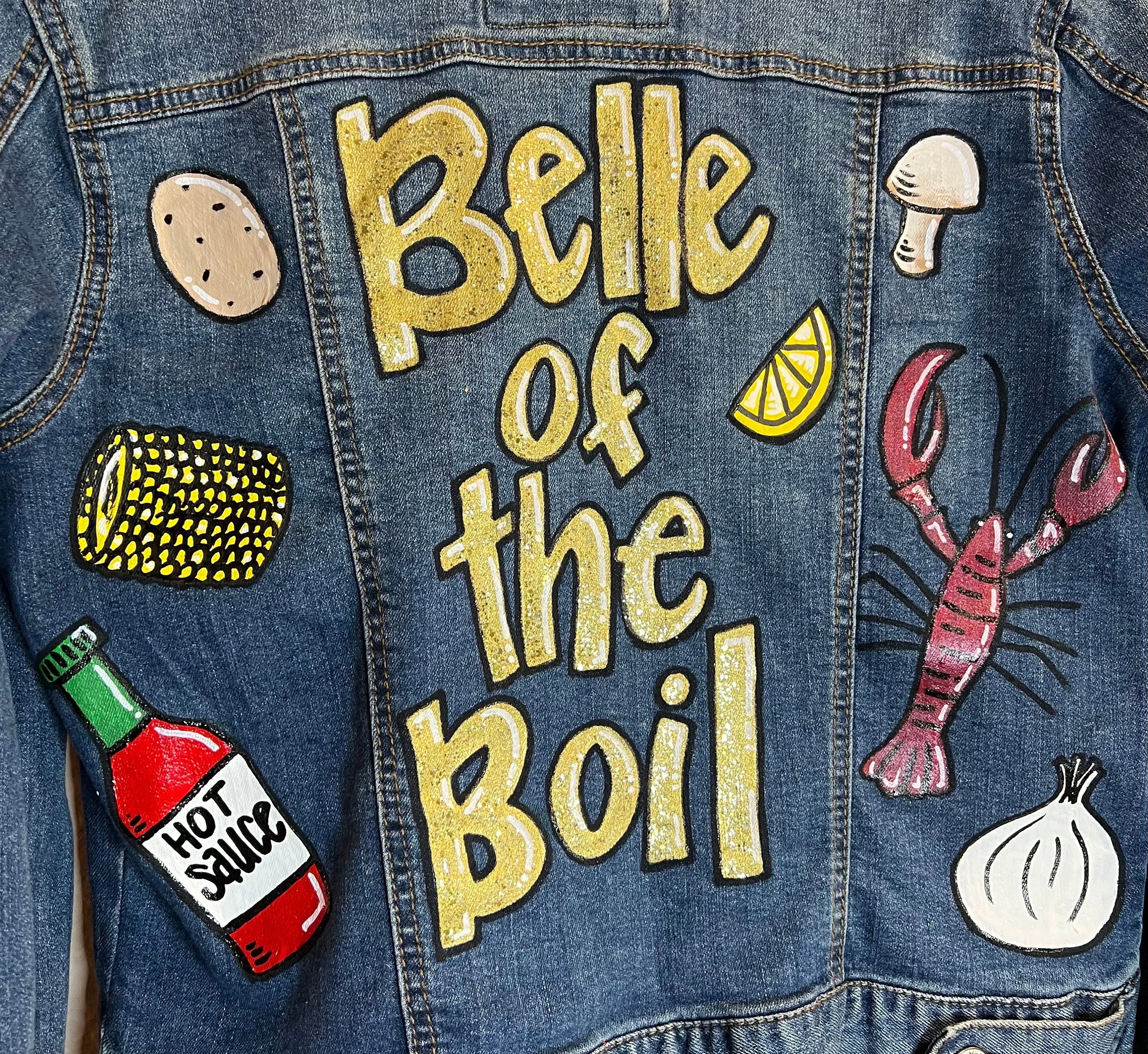 Hand Painted Mardi Gras Jean Jacket - Mardi Gras, Painted Jean Jacket, New Orleans, Crawfish Boil, Parade Outfit, Belle of the Boil, Mudbug