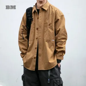 Japanese Vintage Solid Color Long Sleeve Men's Cargo Shirt