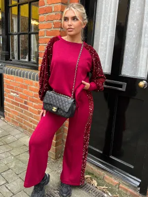 Lizzie burgundy sequin arm wide leg trouser set