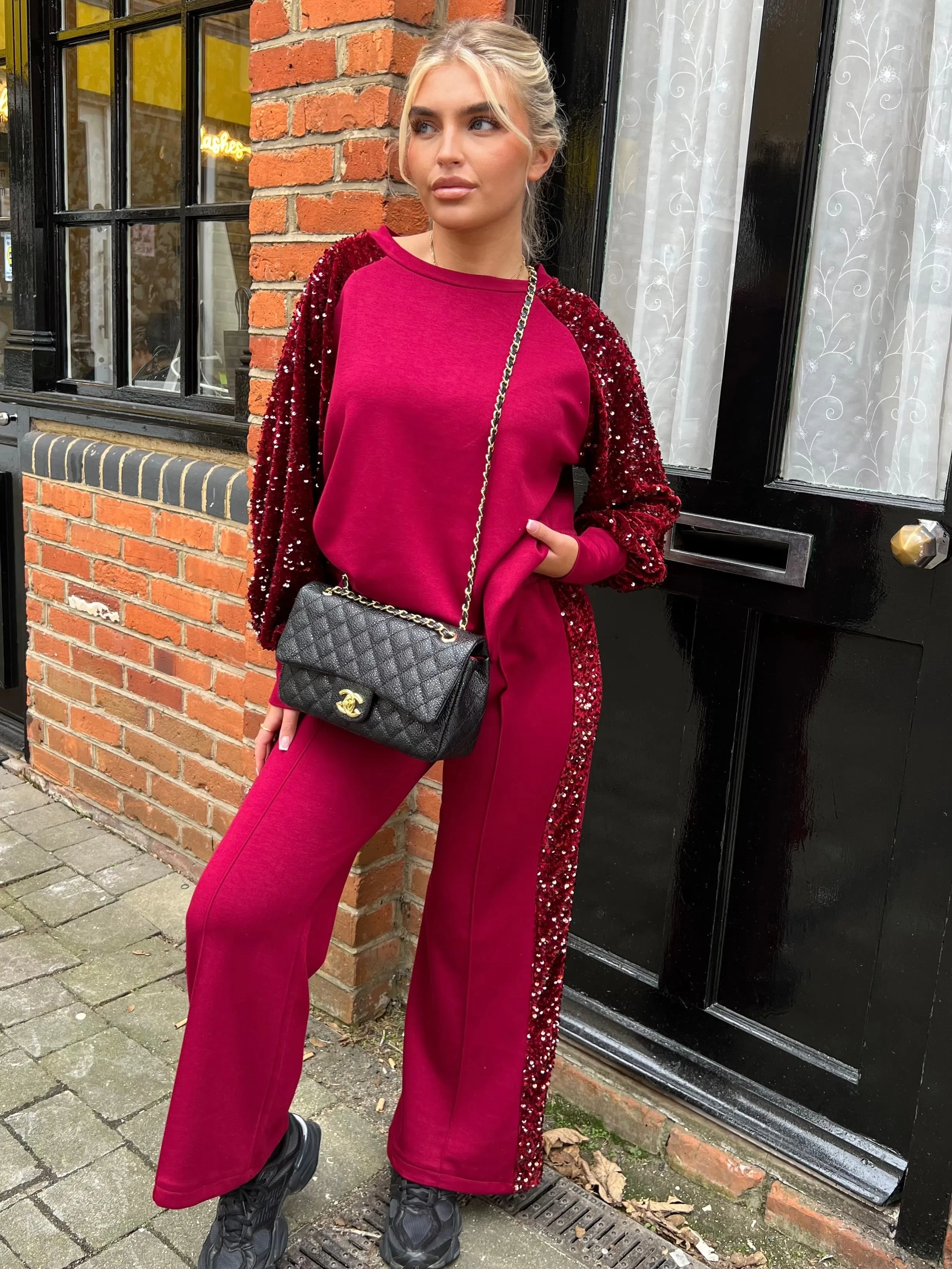 Lizzie burgundy sequin arm wide leg trouser set