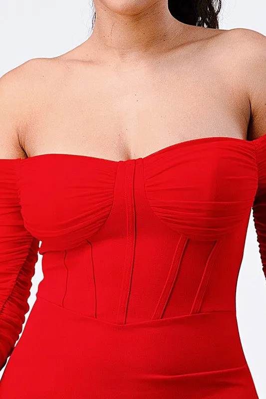 LUX OFF SHOULDER RIBBED ASYMMETRICAL BODYCON DRESS