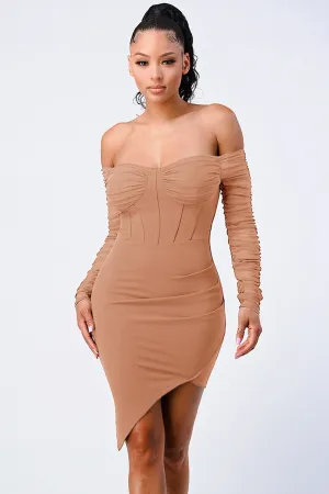 LUX OFF SHOULDER RIBBED ASYMMETRICAL BODYCON DRESS