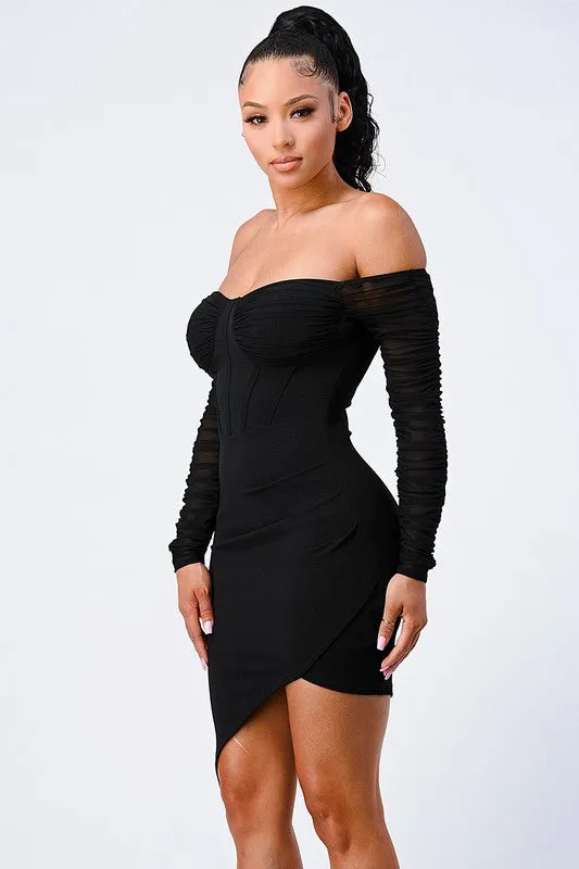 LUX OFF SHOULDER RIBBED ASYMMETRICAL BODYCON DRESS