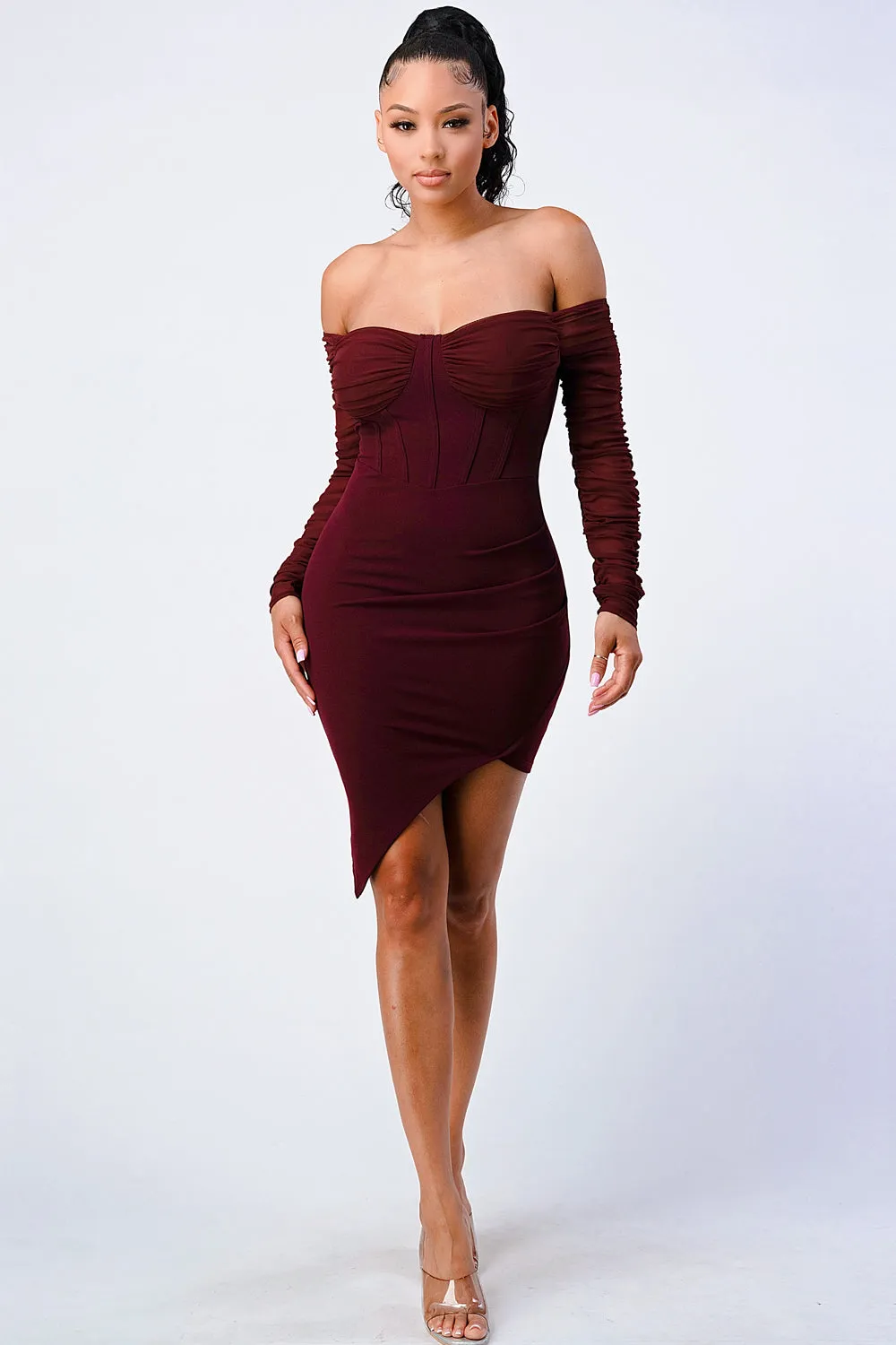 LUX OFF SHOULDER RIBBED ASYMMETRICAL BODYCON DRESS