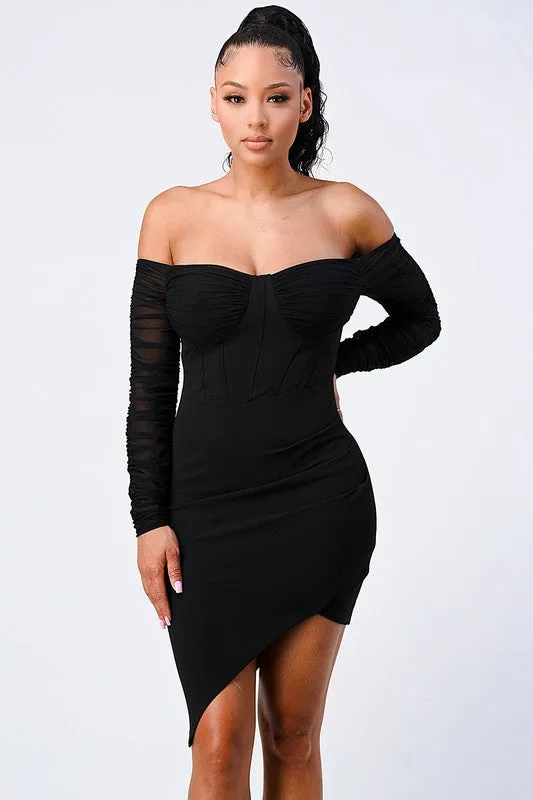 LUX OFF SHOULDER RIBBED ASYMMETRICAL BODYCON DRESS