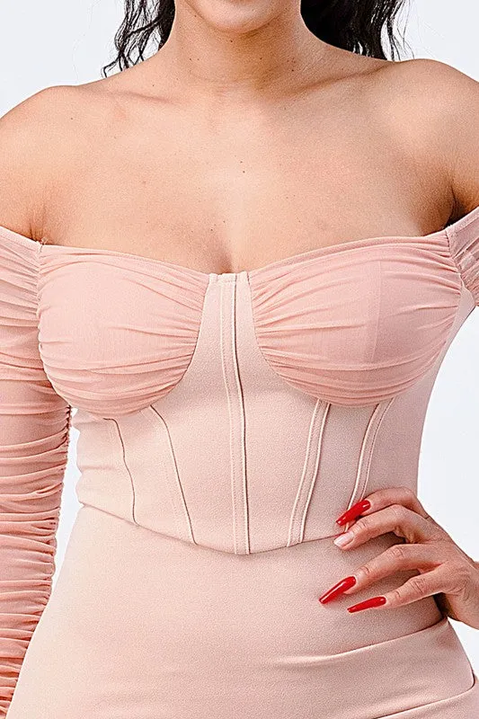 LUX OFF SHOULDER RIBBED ASYMMETRICAL BODYCON DRESS