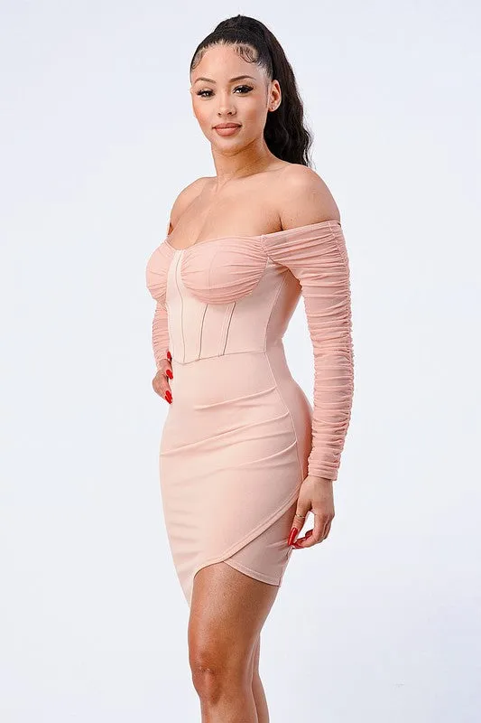 LUX OFF SHOULDER RIBBED ASYMMETRICAL BODYCON DRESS