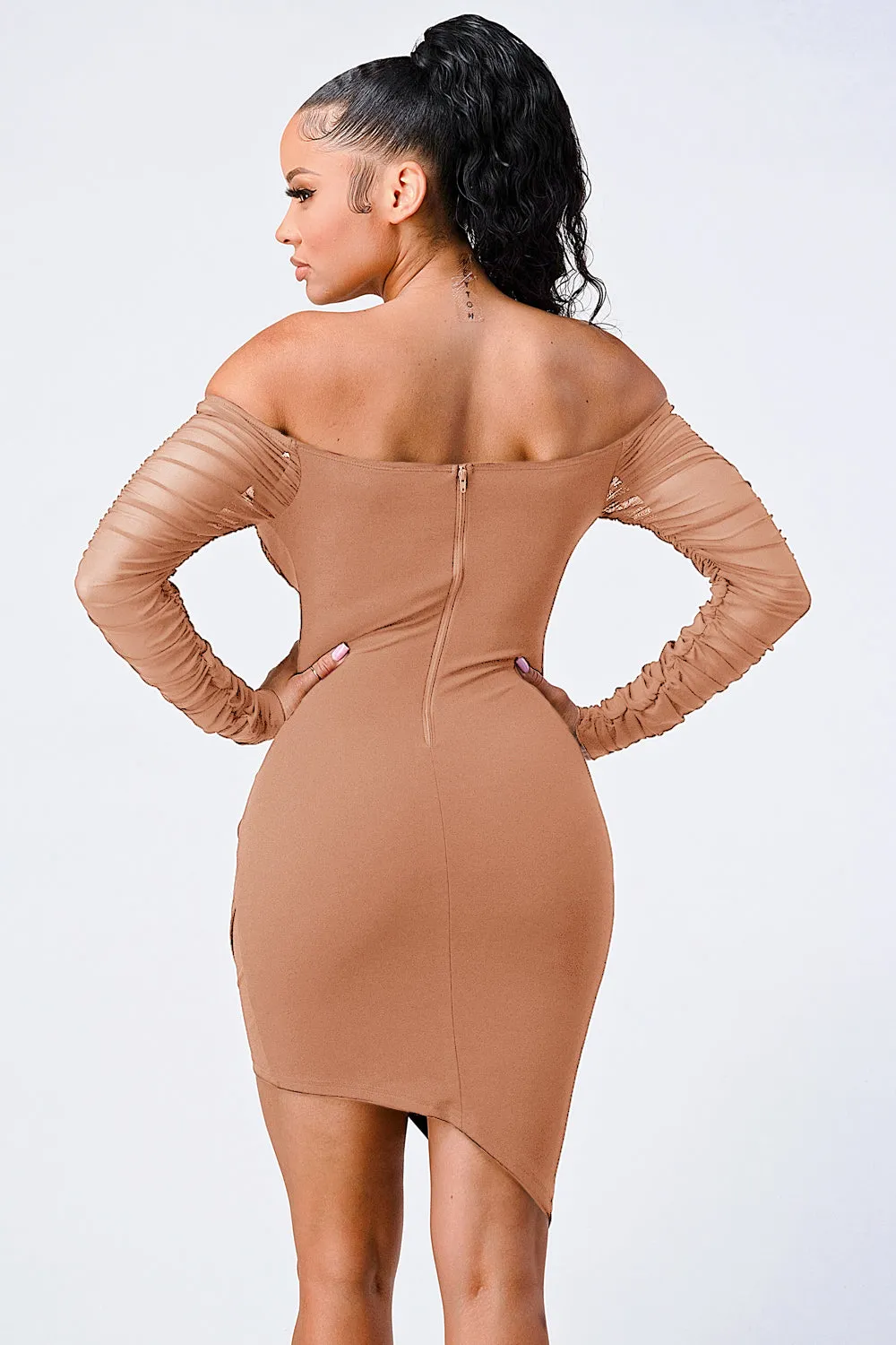 LUX OFF SHOULDER RIBBED ASYMMETRICAL BODYCON DRESS