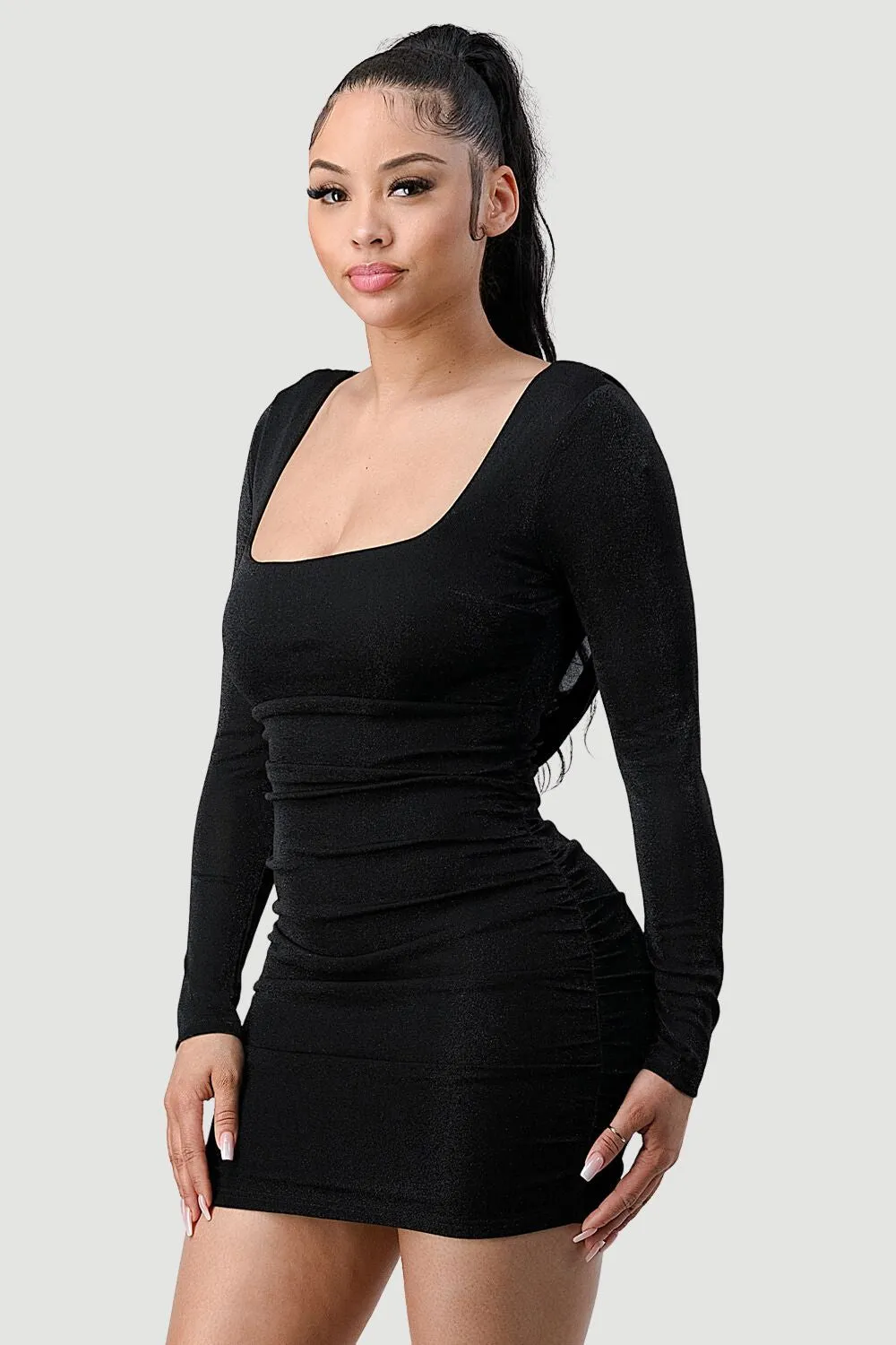 LUX SHINY METALIC SQUARE NECK BODYCON MINI DRESS
