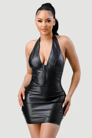 LUX SUPER STRETCH PU HALTER NECK BODYCON DRESS