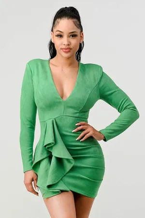 LUX TECHNO SUEDE V-NECK RUFFLED DRAPED MINI DRESS