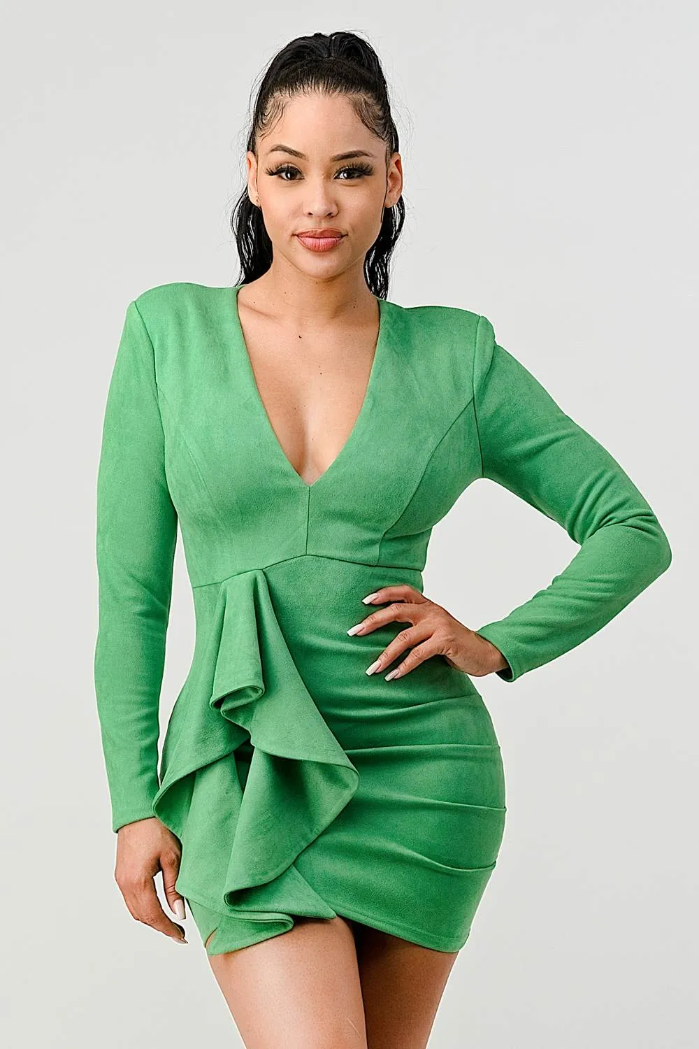 LUX TECHNO SUEDE V-NECK RUFFLED DRAPED MINI DRESS
