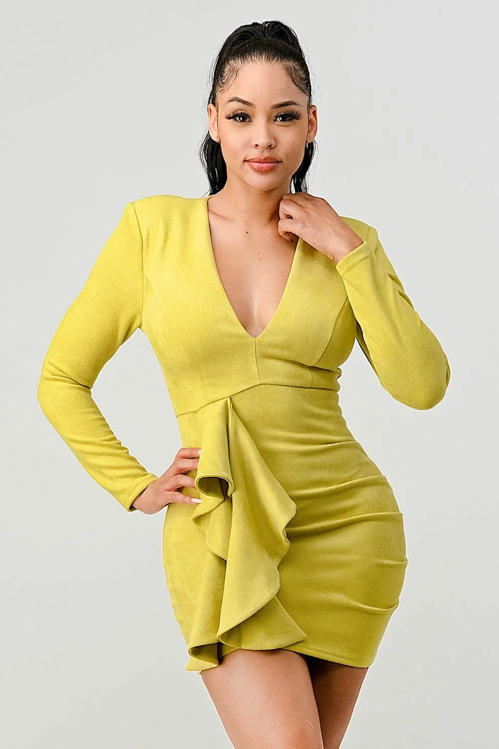LUX TECHNO SUEDE V-NECK RUFFLED DRAPED MINI DRESS