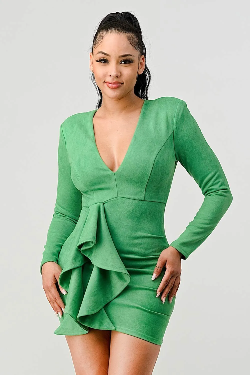 LUX TECHNO SUEDE V-NECK RUFFLED DRAPED MINI DRESS
