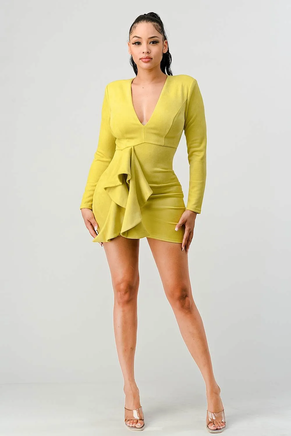 LUX TECHNO SUEDE V-NECK RUFFLED DRAPED MINI DRESS