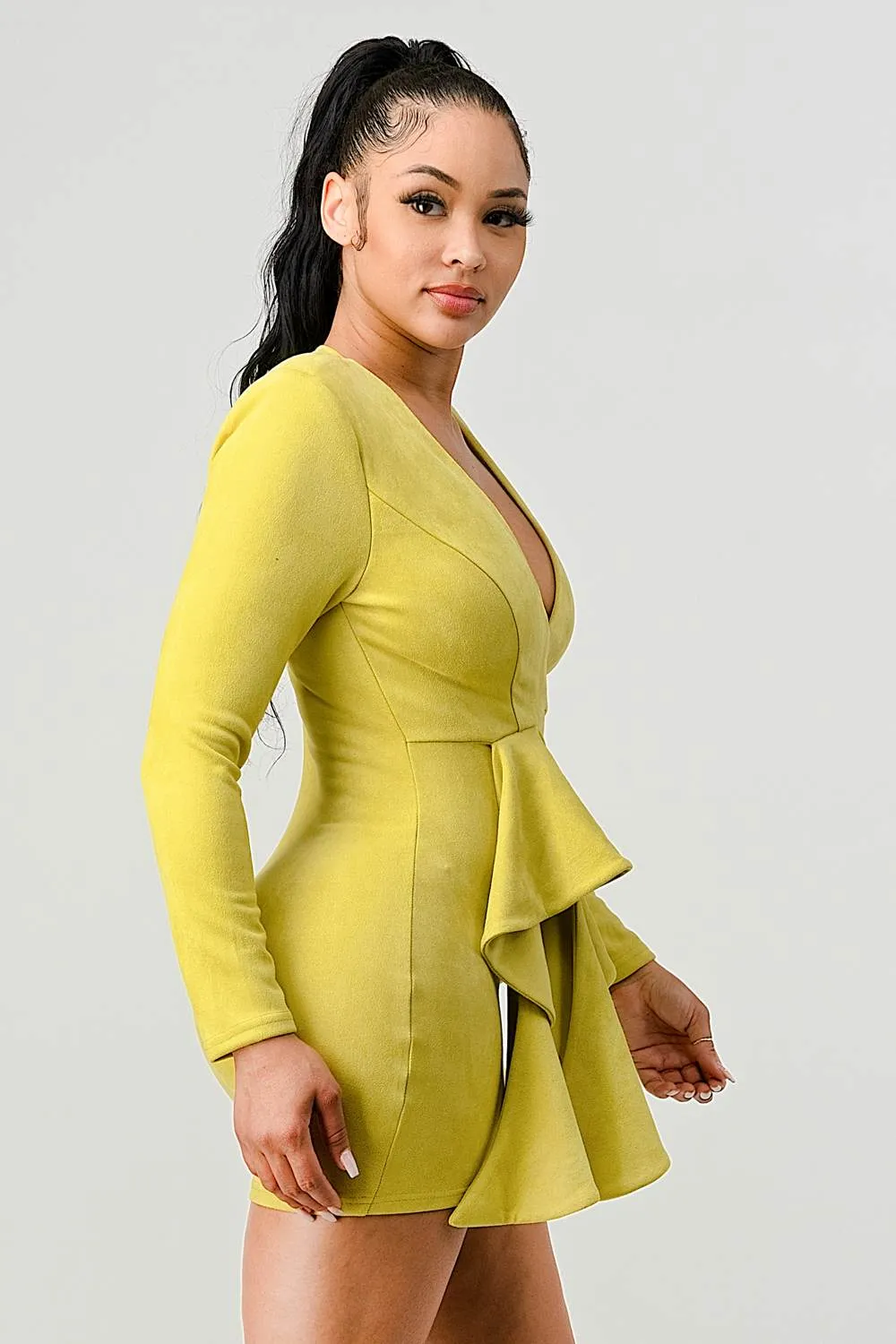 LUX TECHNO SUEDE V-NECK RUFFLED DRAPED MINI DRESS