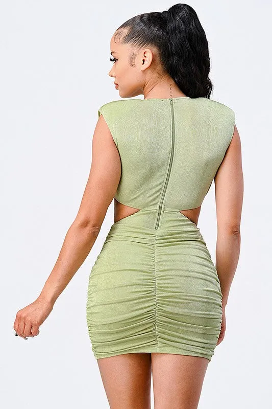 LUX V-NECK SIDE CUT RUCHED BODYCON KNIT DRESS