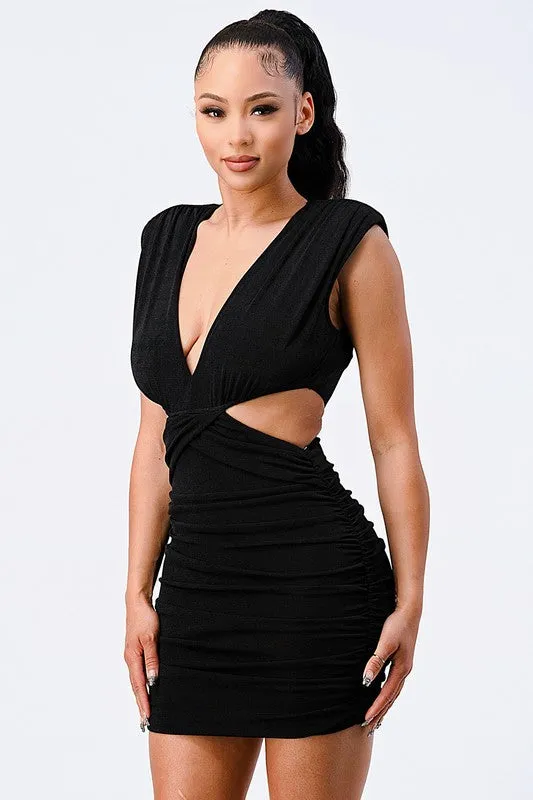 LUX V-NECK SIDE CUT RUCHED BODYCON KNIT DRESS