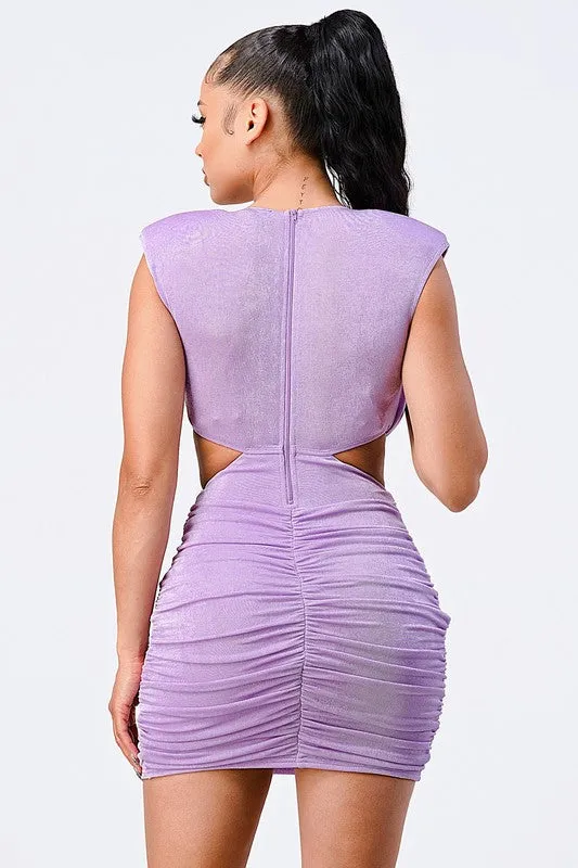 LUX V-NECK SIDE CUT RUCHED BODYCON KNIT DRESS