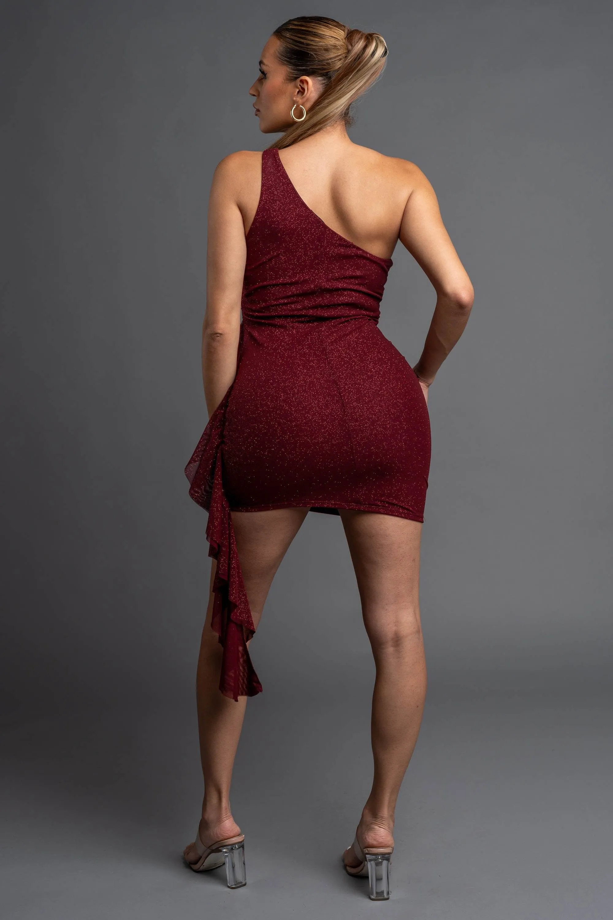LUXE GLITTER MESH ONE SHOULDER RUFFLED DRAP DRESS