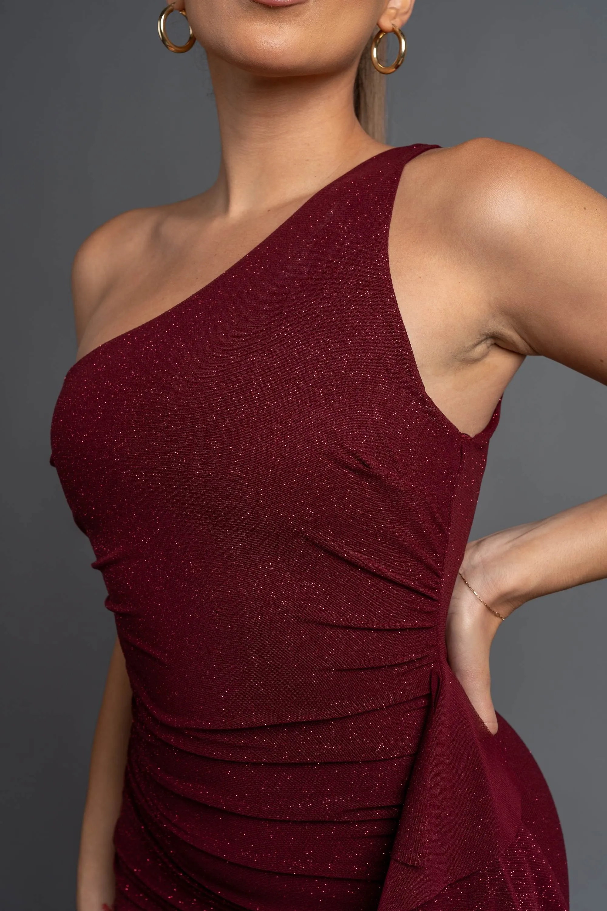 LUXE GLITTER MESH ONE SHOULDER RUFFLED DRAP DRESS