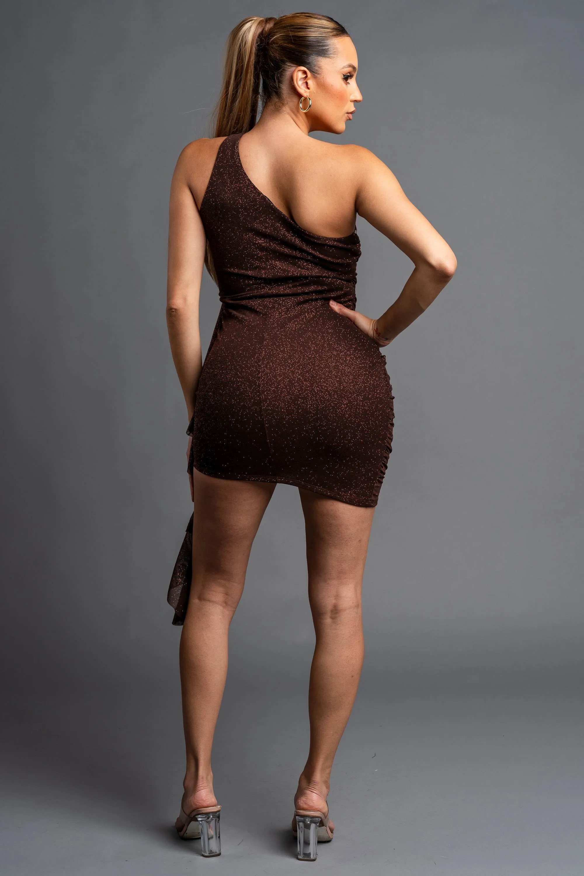 LUXE GLITTER MESH ONE SHOULDER RUFFLED DRAP DRESS