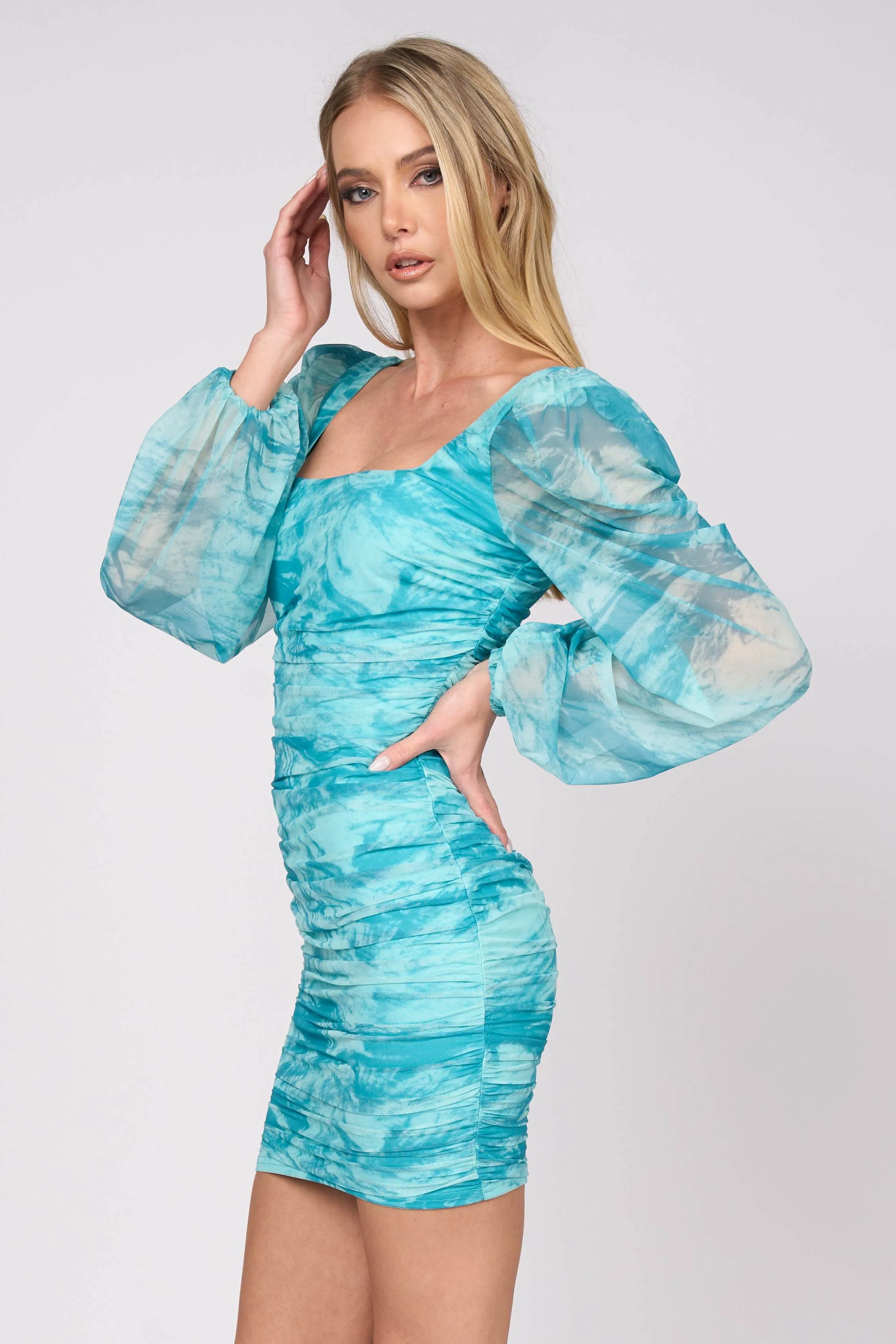 LUXE MARBLE MESH PRINT SQUARE NECK MINI DRESS