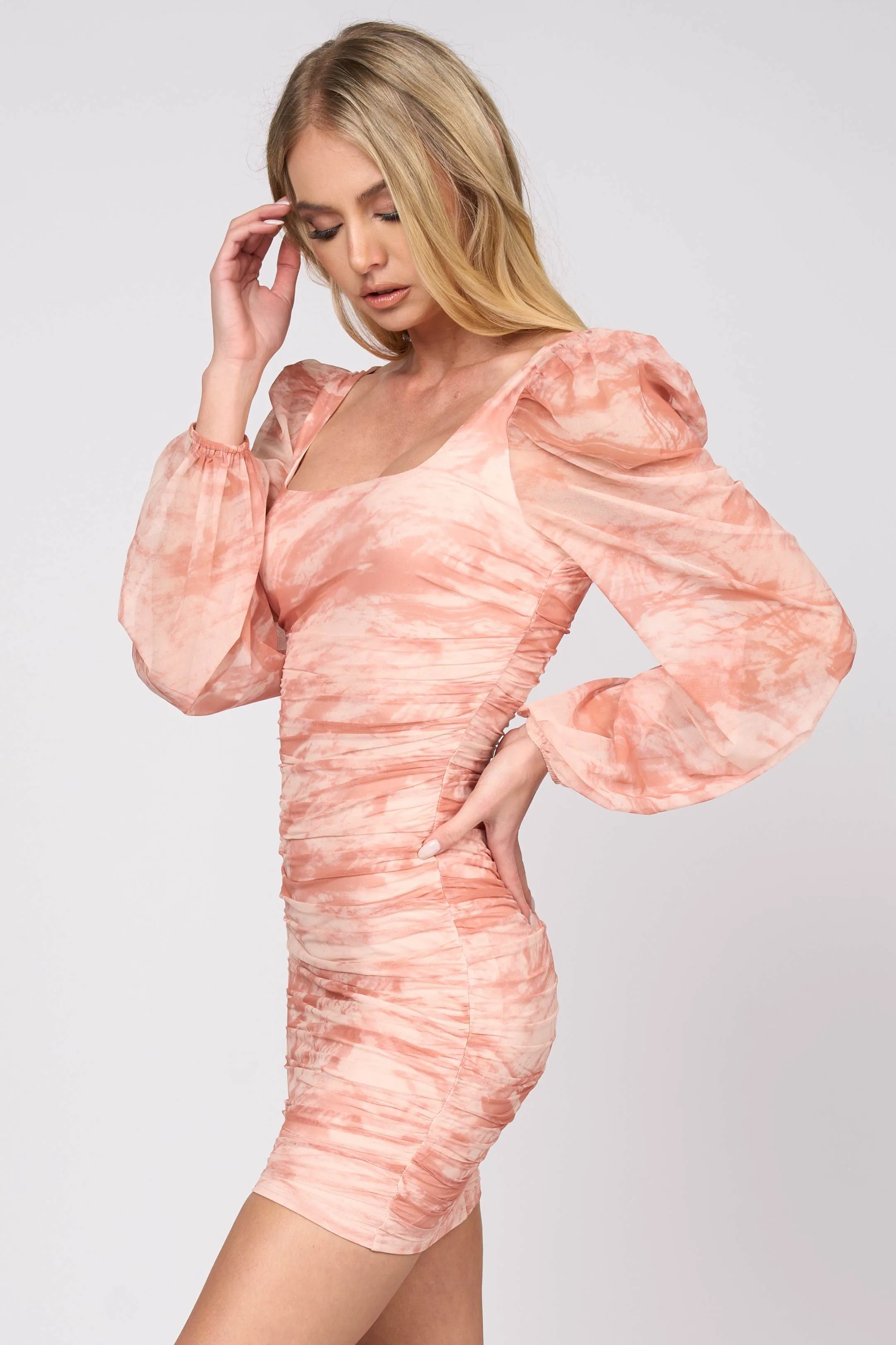 LUXE MARBLE MESH PRINT SQUARE NECK MINI DRESS