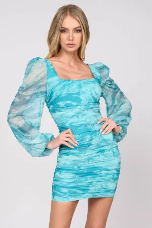 LUXE MARBLE MESH PRINT SQUARE NECK MINI DRESS