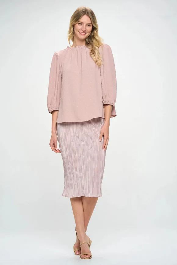 Made in USA Solid Plisse Midi Skirt with Elastic Waistband