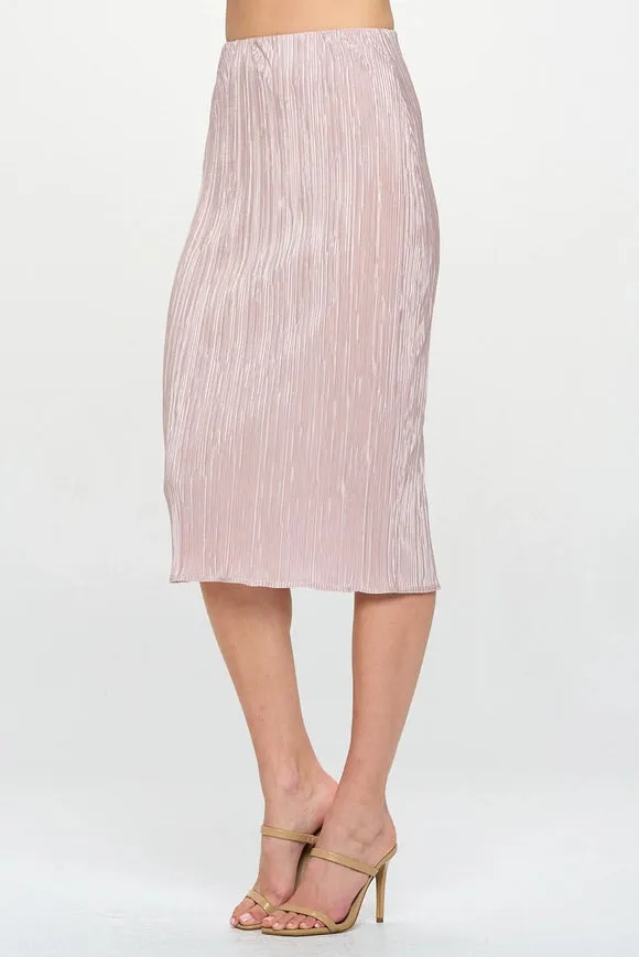 Made in USA Solid Plisse Midi Skirt with Elastic Waistband