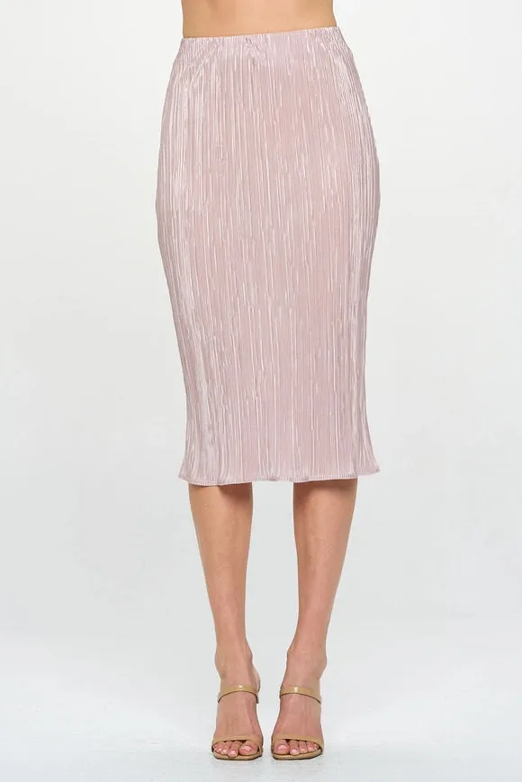 Made in USA Solid Plisse Midi Skirt with Elastic Waistband